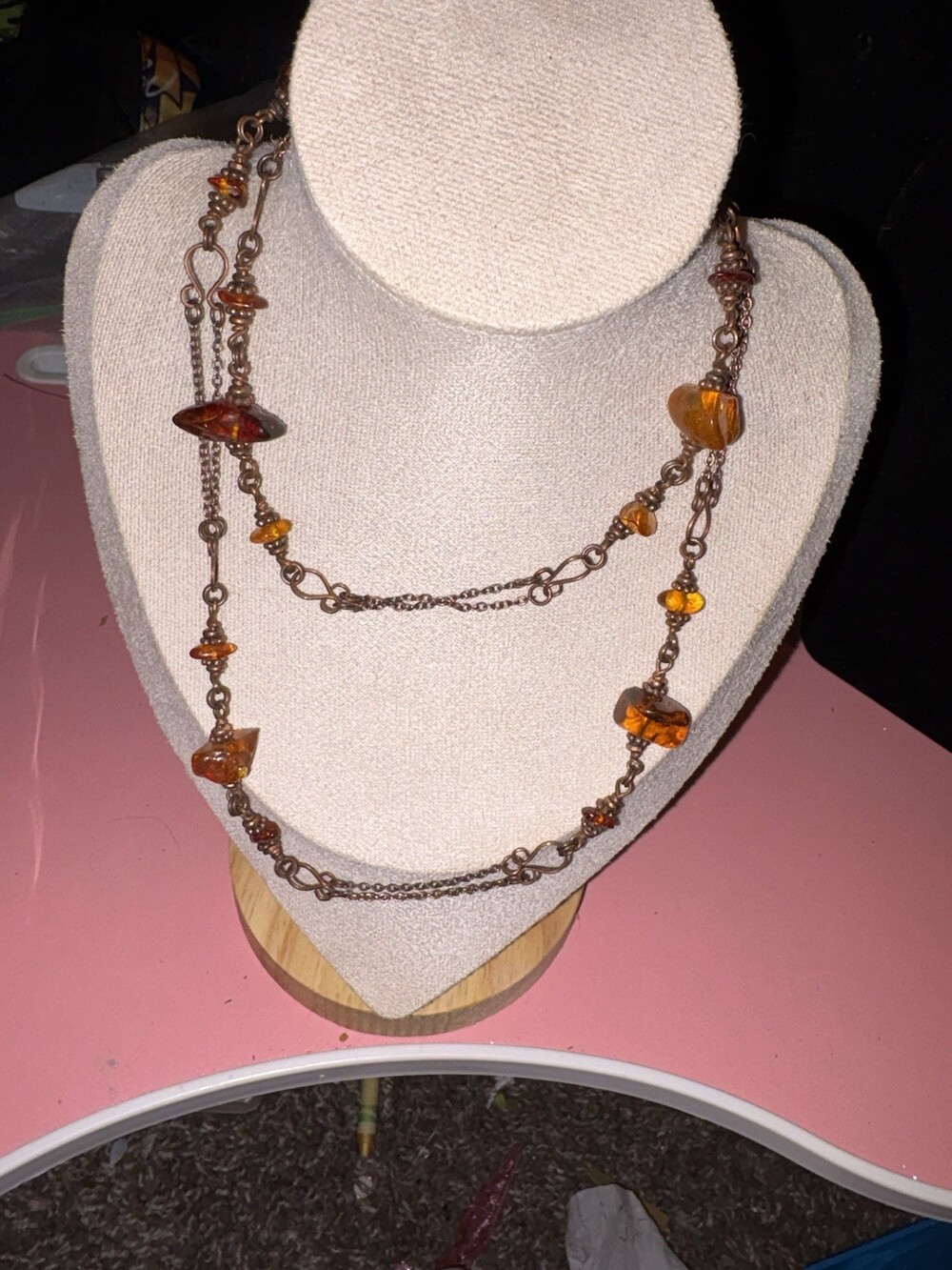 Artisan Amber-Color Chip Bead Copper Wire Long Layered Boho Necklace